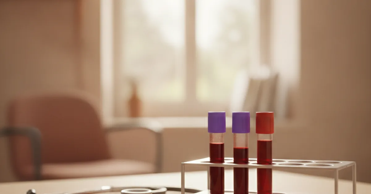 Gradilla con tubos de análisis de sangre sobre escritorio de consultorio médico con luz natural de mañana — estudios de anemia ferropénica y su relación con la celiaquía