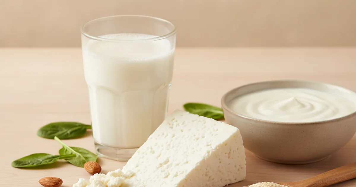 Vaso de leche, queso fresco, yogur, espinaca, almendras y sésamo sobre mesa de madera clara — alimentos ricos en calcio para la salud ósea del celíaco