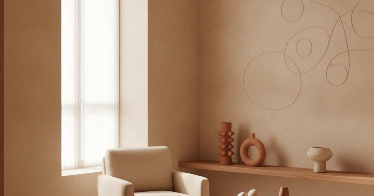 Fotografía editorial cálida de un consultorio ginecológico con luz natural suave en tonos beige trigo y terracota, sin texto ni personas reconocibles