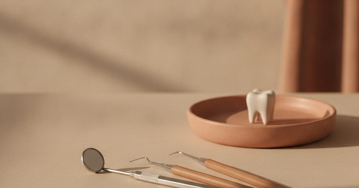 Fotografía editorial cálida de un consultorio odontológico con espejo dental y luz natural de mañana, en tonos beige trigo y terracota, sin texto ni personas reconocibles