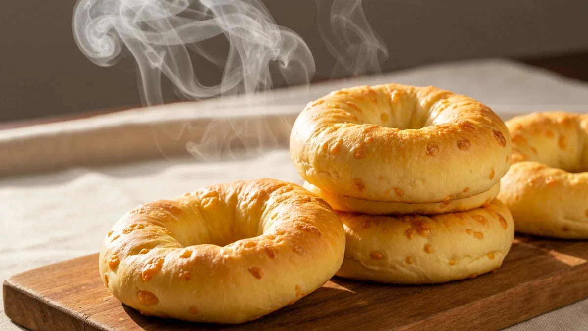 Chipa paraguaya dorada en argollas y herraduras sobre tabla de madera rústica — receta tradicional sin gluten