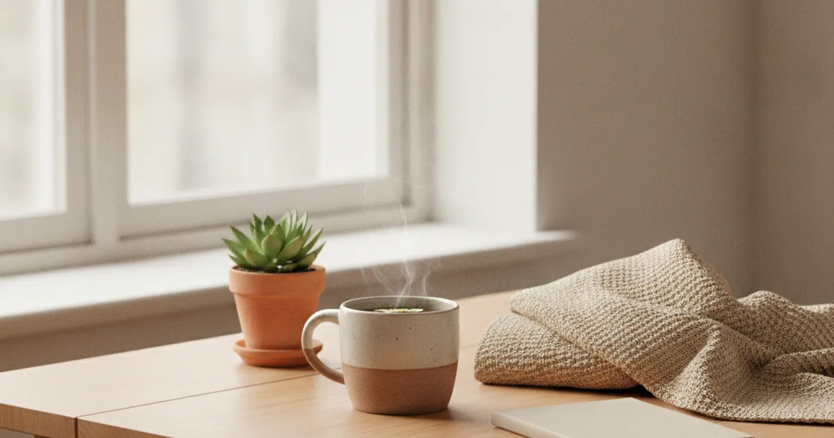 Fotografía editorial cálida de una mesa de madera clara con taza de té de hierbas, cuaderno cerrado y manta de lino en tonos beige trigo y terracota, sin texto ni personas