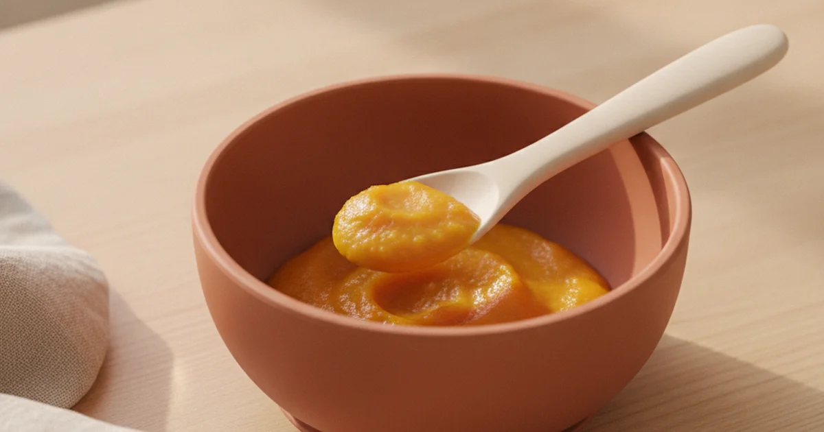Cuchara de silicona con puré de vegetales sobre plato para bebé en mesa de madera clara — introducción de la alimentación complementaria y el gluten