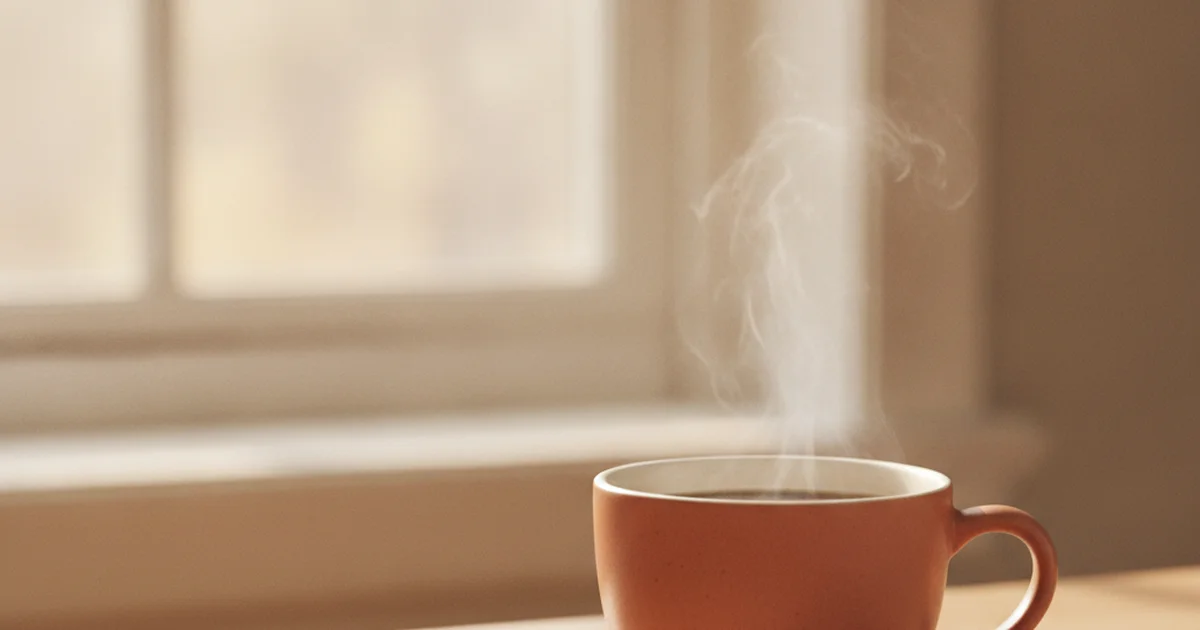 Taza de café humeante junto a una ventana con luz suave de mañana sobre un escritorio de madera, ambiente cálido y en calma
